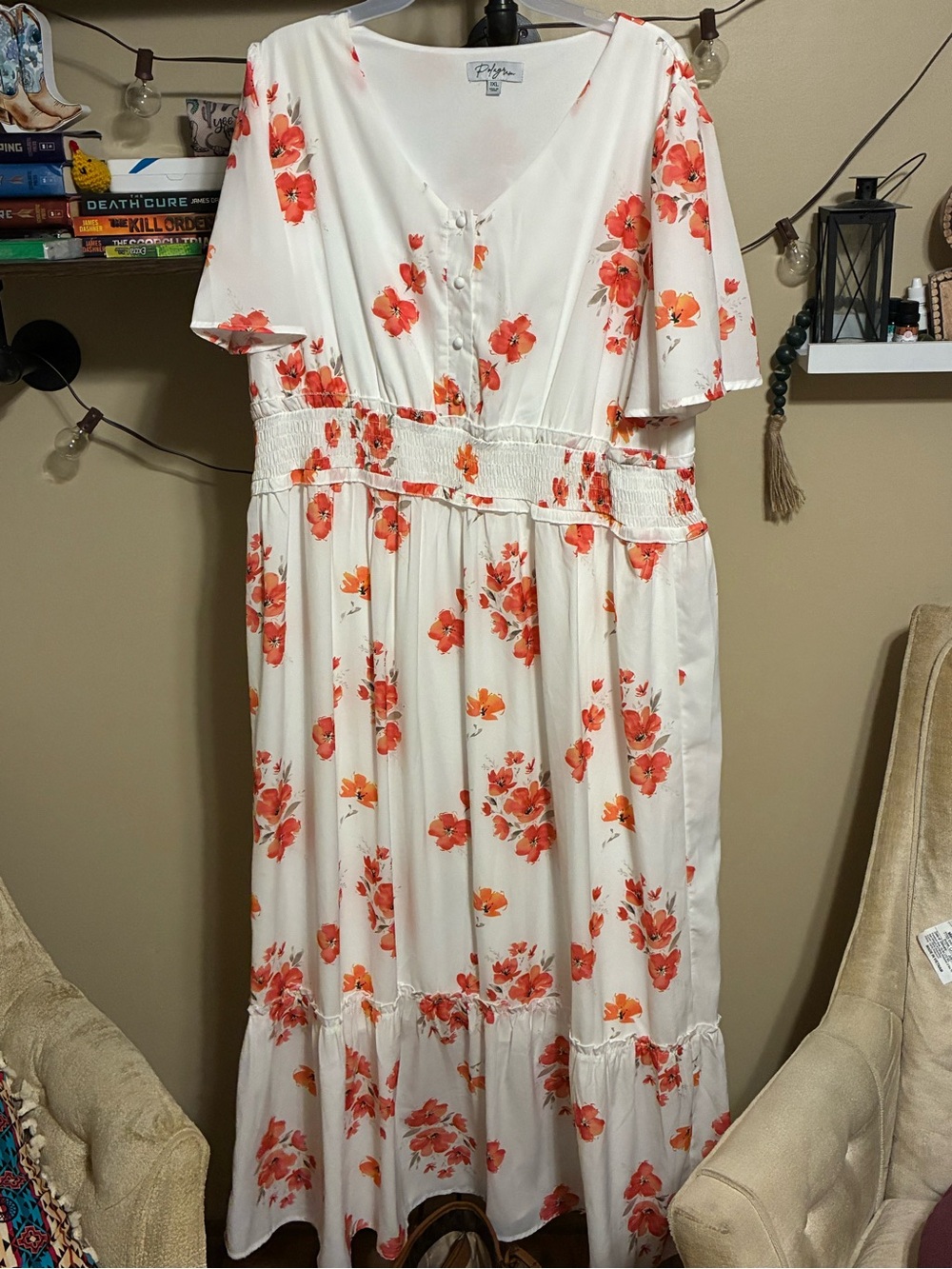 Polagram White Floral Maxi Dress with Red/Orange Bloom